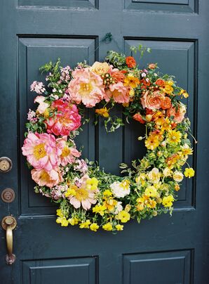 Bright Colored Floral Wreath With Pink, Yellow, Orange and Greenery