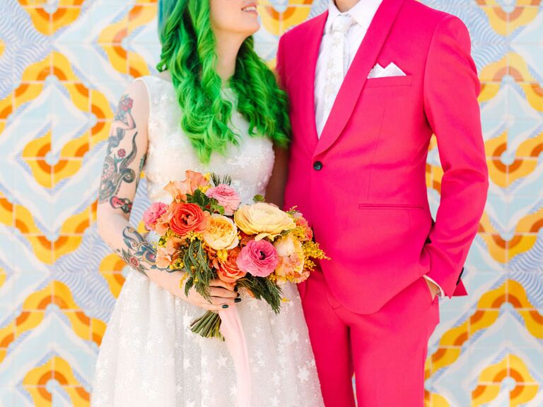 Bride and groom at colorful wedding