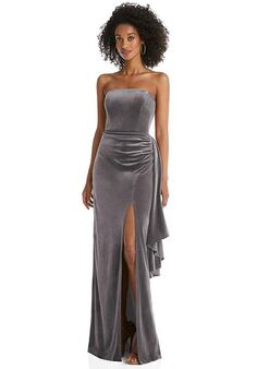 Dessy Group Strapless Velvet Maxi Dress with Draped Cascade Skirt - 6850 Bridesmaid Dress