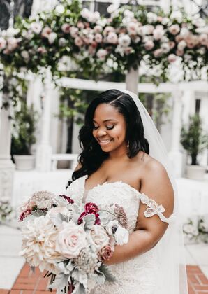 Bride Wearing Off-the-Shoulder Wedding Dress and Veil