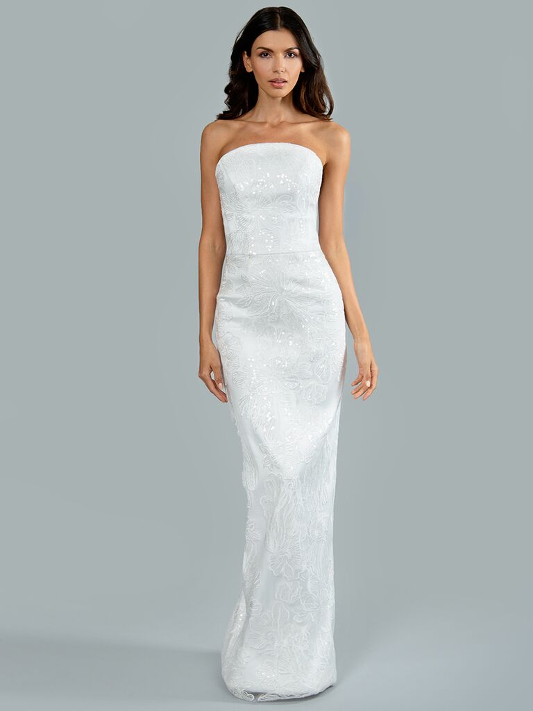 Strapless column dress with floral embroidery