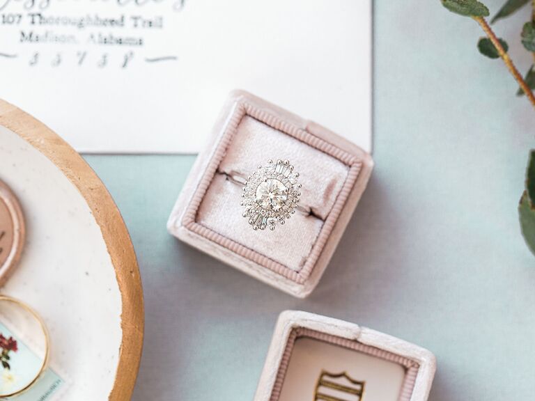 engagement ring in a pink velvet box