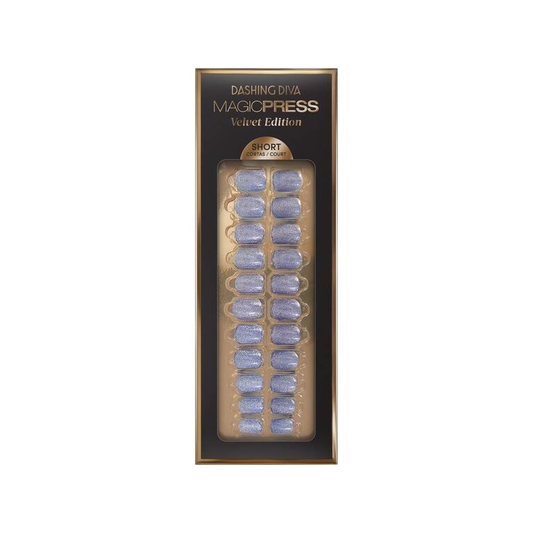 Rectangular box of midnight blue sparkly press on nails. 