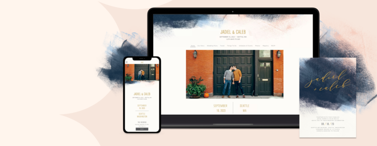 Blue Modern Brushstroke wedding website design on various devices with a matching invite card