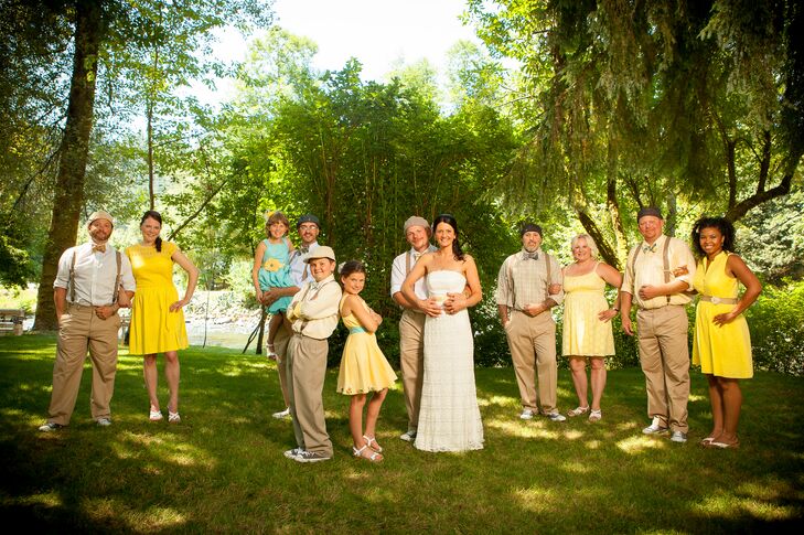 “The bridesmaids all chose simple yellow sundresses,” says Jessica. “I wanted each girl to have her own look, and the colors were all in different shades of yellow. The gents had the same slacks and I pulled from the wedding colors of yellow and blue for all the accessories.”