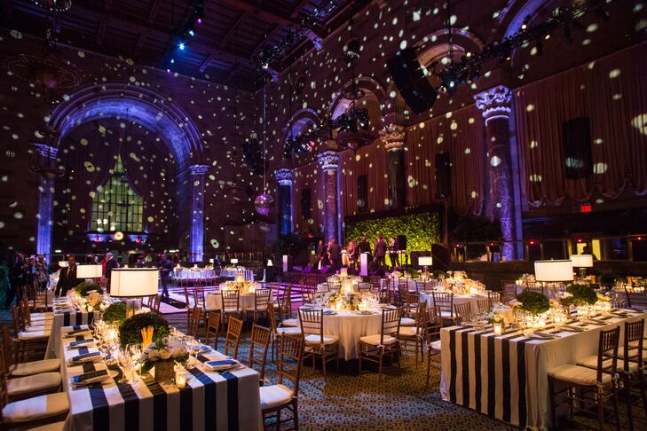 New York City natives Leigh and Micah, who dated for more than 13 years before getting engaged, wanted a wedding space that had a sense of local history. “Cipriani 42nd Street was a great, iconic New York venue,” Leigh says. She and Micah used décor and lighting to create a “cozy, romantic and chic vibe” for the reception.