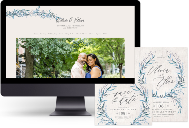 Blue Natural Laurel wedding website design with matching paper suite