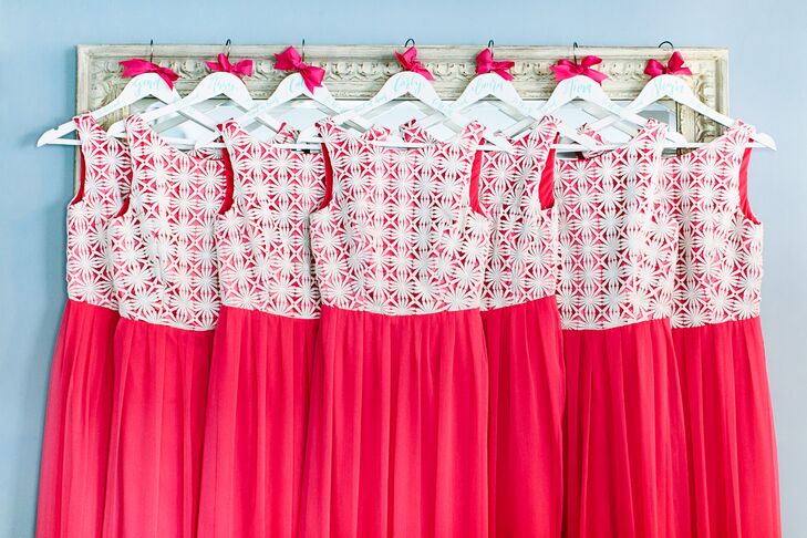 "I knew I wanted the bridesmaid dresses to fun—and pink," says Amanda, who chose bright fuchsia gowns from Lela Rose with a lively pattern on top.