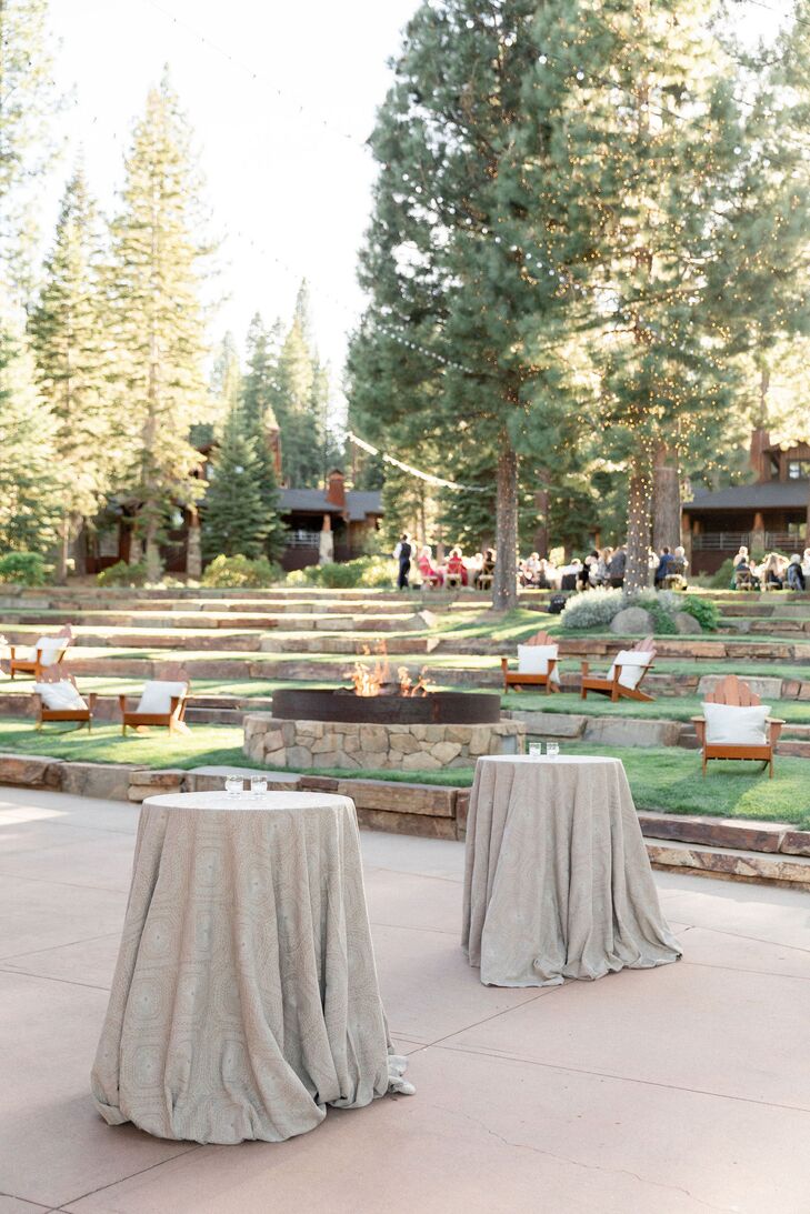 Cocktail Tables With Gray Linens on Lawn at Martis Camp in Truckee, California