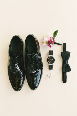 Classic Black Patent Leather Wingtip Shoes with Pink Boutonniere