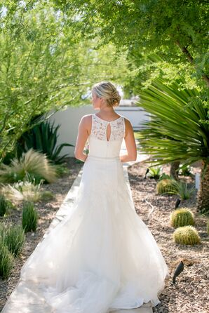 White Sleeveless Illusion Neckline Lace Gown