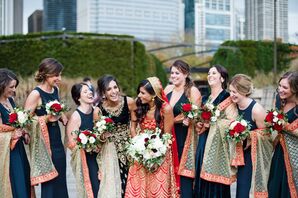 Navy Bridesmaid Dresses with Colorful Hindu-Inspired Shawls