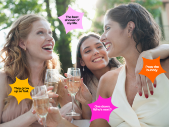 Bride and friends at bridal shower surrounded by Instagram captions