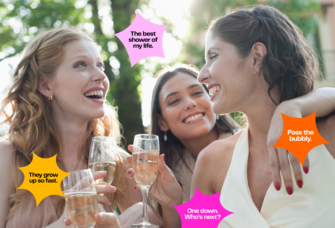 Bride and friends at bridal shower surrounded by Instagram captions