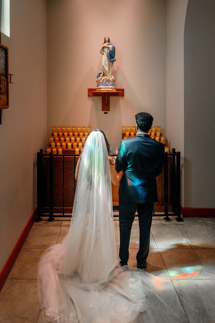 Knanaya Indian Christian Bride With Cathedral-Length Veil and Groom Alone at Church Altar