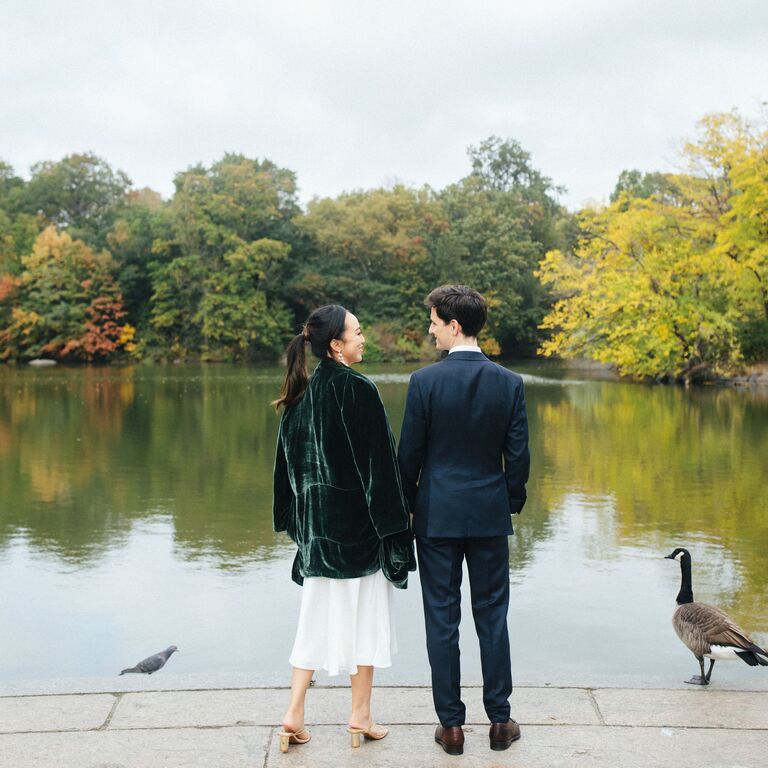 Pond-side engagement photo with Canada geese