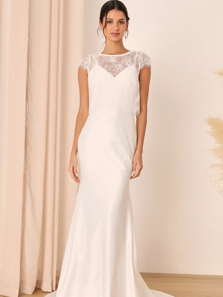 White Lace Cap Sleeve Satin Mermaid Maxi Dress for older brides