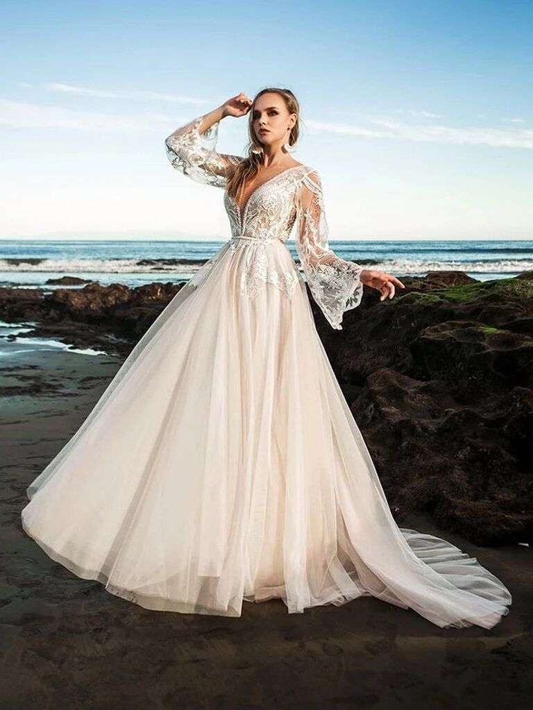 Boho Wedding Dress with Flared Bell Sleeves