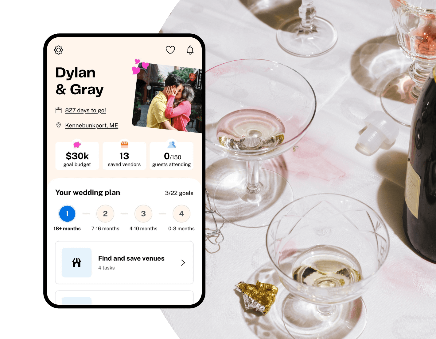 Screenshot of The Knot App showing a couple’s wedding dashboard with their details at a glance and a personalized plan broken down into manageable tasks.