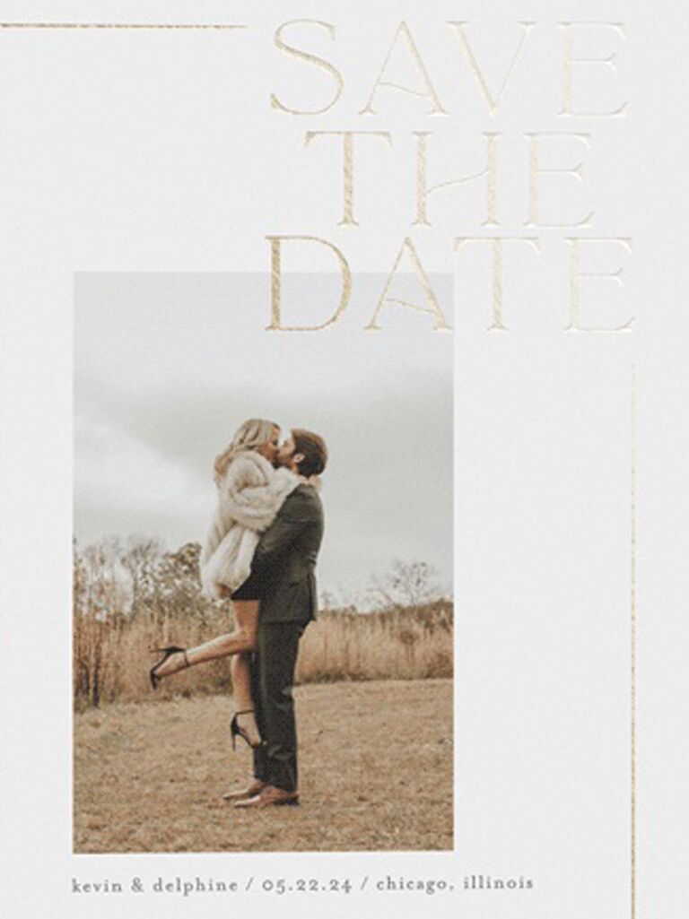 minted cream luxe love save the date card with photo and foil lettering