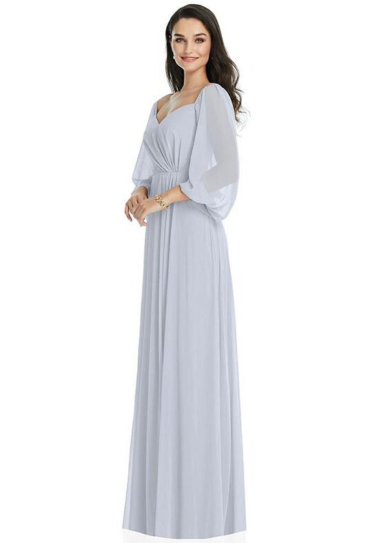 Dessy Group Off-the-Shoulder Puff Sleeve Maxi Dress with Front Slit - 3104 Sweetheart Bridesmaid Dress - 1