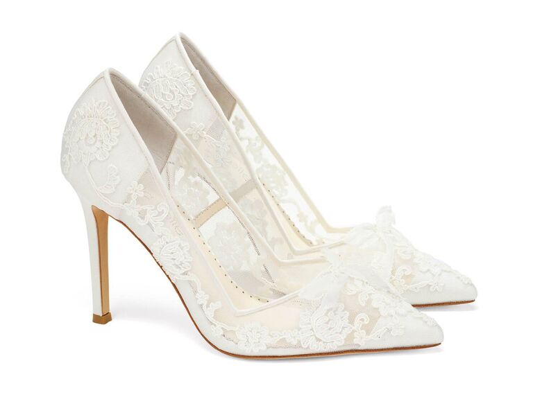 bella belle white lace wedding heels with pointed toes and tulle bows