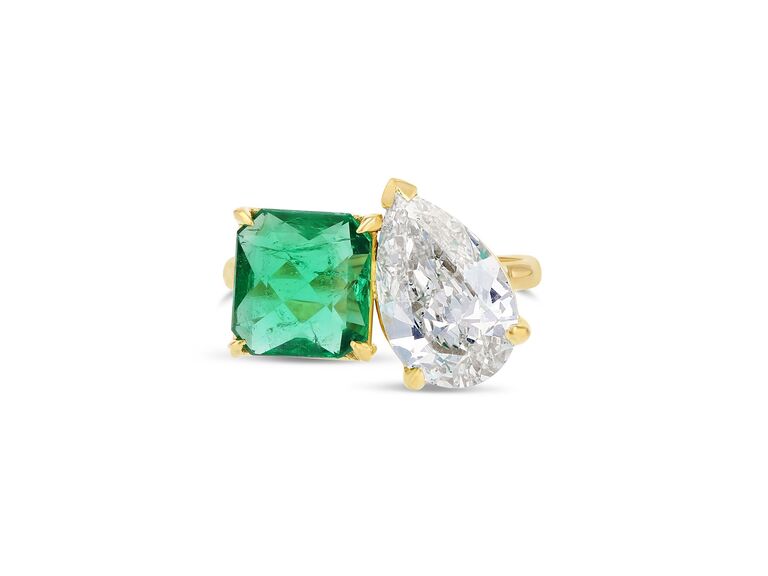 pear diamond and emerald two stone ring