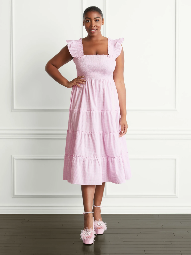 A model shows off this fun tiered springtime dress.