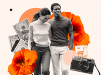 Young couple surroundned by money, a passport stamp, and a camera