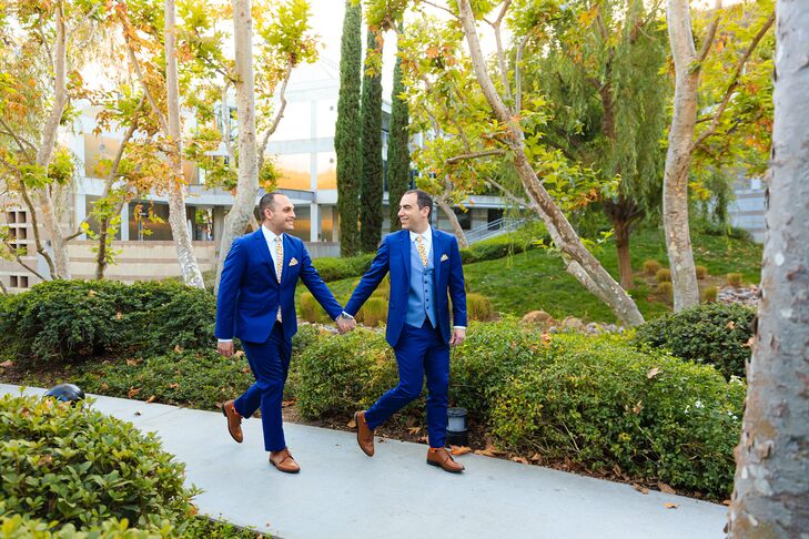 Modern Grooms with Matching Royal-Blue Suits and Brown Shoes
