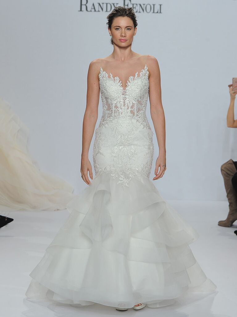 Randy Fenoli Spring 2018 mermaid wedding dress of Chantilly lace, sheer yoke, bodice and midriff with tonal beaded Venice lace appliqués and horsehair trimmed tulle bottom