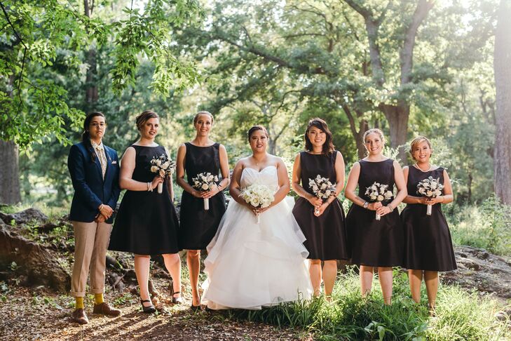 Michelle chose black fit-and-flare dresses from Alfred Sung for her bridesmaids.