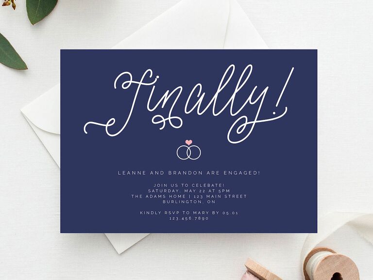 Finally! on blue cardstock engagement party invitation