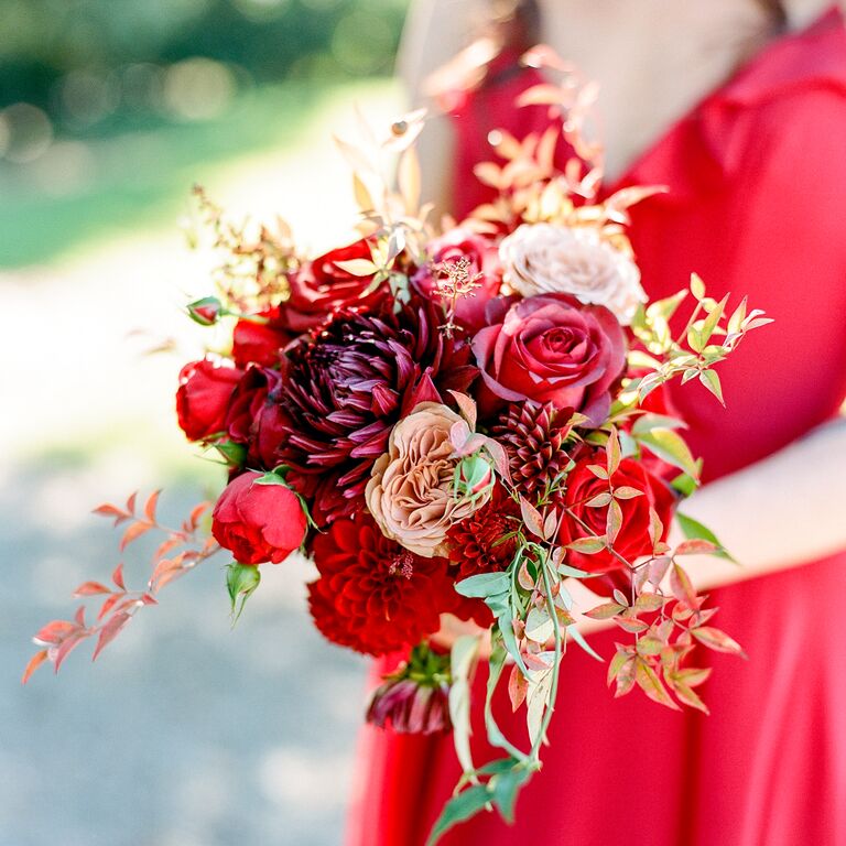 Red dahlia and rose bouquet