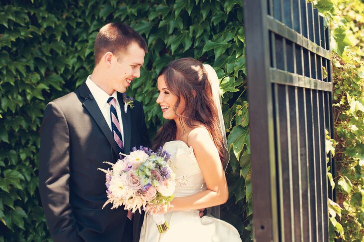The Bride Brittany Olander, 25, a nanny and student The Groom Ian Davy, 24, works in marketing and sales at State Farm Insurance The Date July 21  Brittany and Ian planned a vintage, English-garden-themed event using navy, purple and pink as their main colors. The couple incorporated elegant touches like fresh lavender escort cards and mercury-glass décor details.