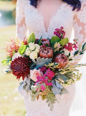 Exotic Pink and Green Bridal Bouquet of Snapdragons, Lamb’s Ear and Proteas