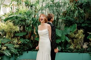 Bride and Groom Back-to-Back in Industrial Garden Space for a "No-Look First Look"