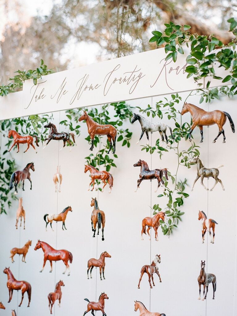 Whimsical horse wedding decor.
