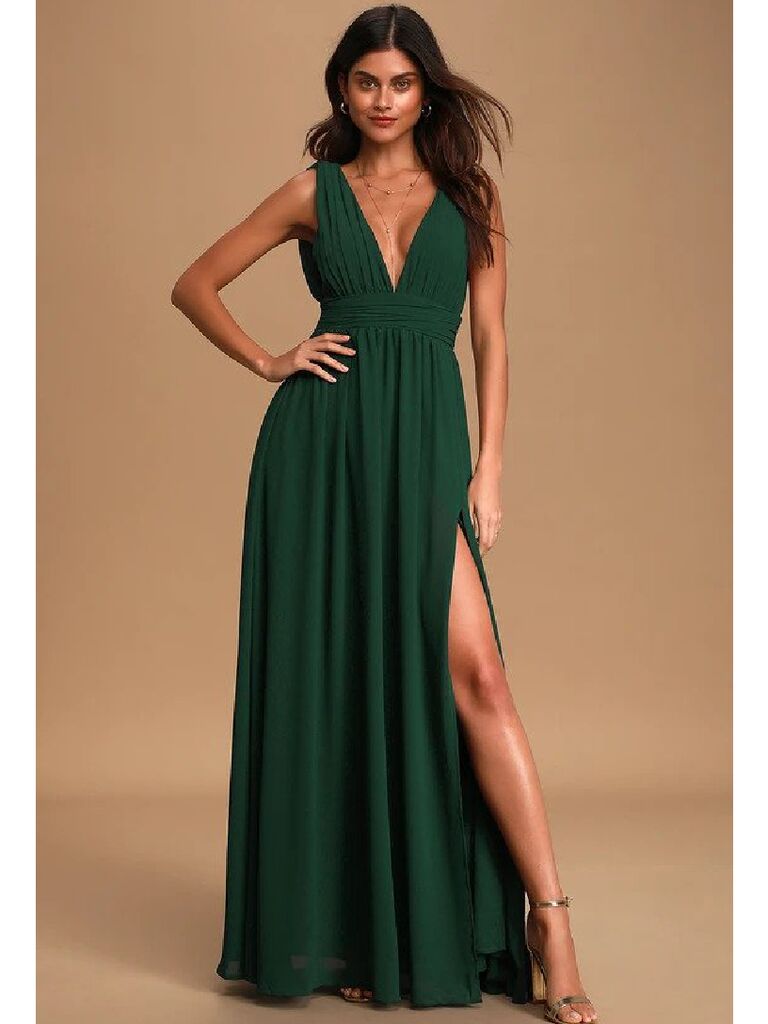 Emerald green formal V-neck maxi dress with slit