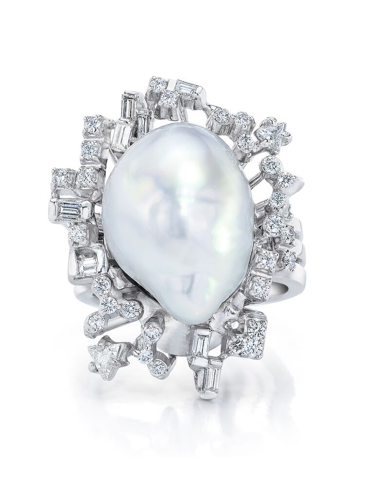 Baroque pearl and diamond engagement ring from Mindi Mond
