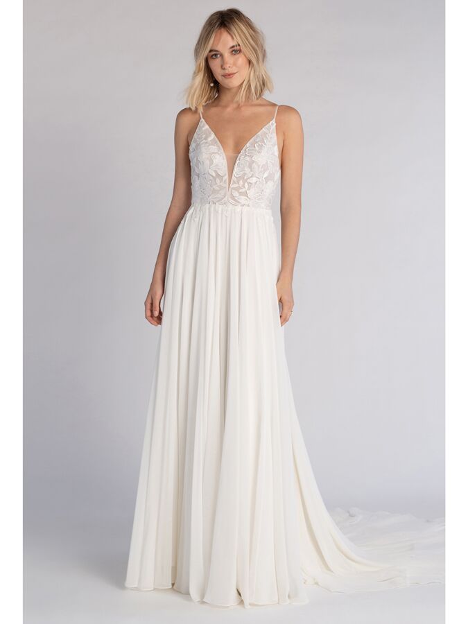 Jenny Yoo chiffon A-line wedding dress with floral applique bodice 