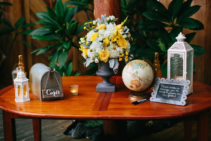 A globe played into the couple's vintage travel motif and doubled as a sweet keepsake for guests to write on.