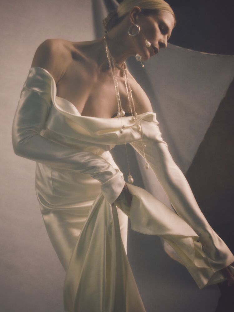 Danielle Frankel silk wool off-the-shoulder sheath wedding dress