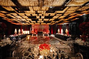 Indian Couple's Dark Themed Wedding Reception, Black, Red and Gold, Low Lighting, Ballroom