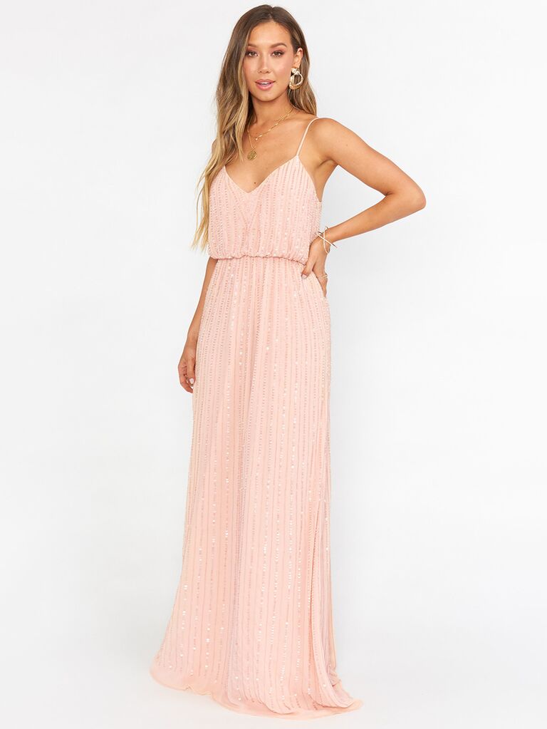 Flowy blush floor length gown with all over bead detail