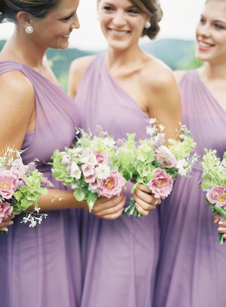 Samantha had narrowed it down to two bridesmaid dresses that she liked and let her girls decide on the wisteria chiffon, one-shoulder dresses from David's Bridal.