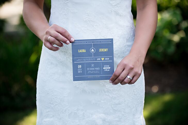 Bride with Modern Blue and Yellow Invitations