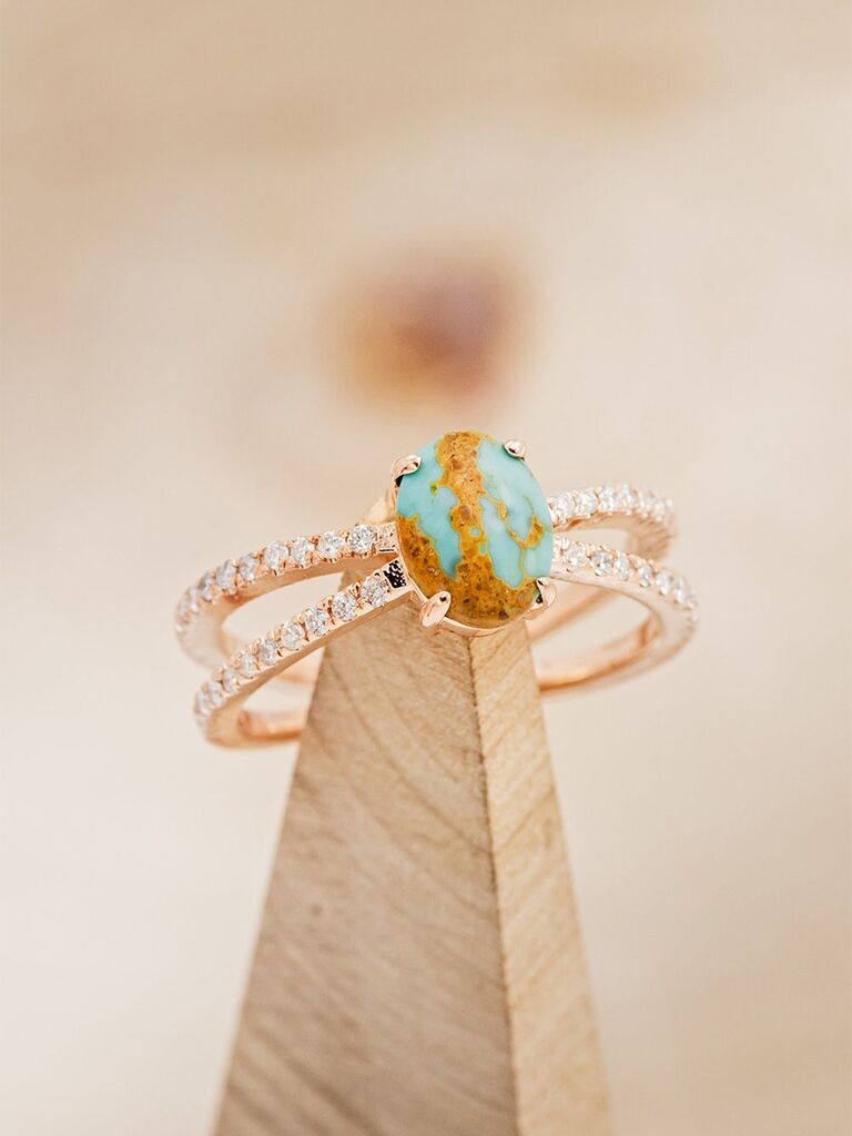 Rose gold double band with pave diamonds and turquoise center with natural veining