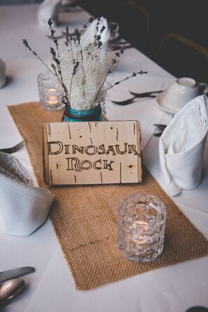 Centerpiece with Handmade Burned Wood Table Names