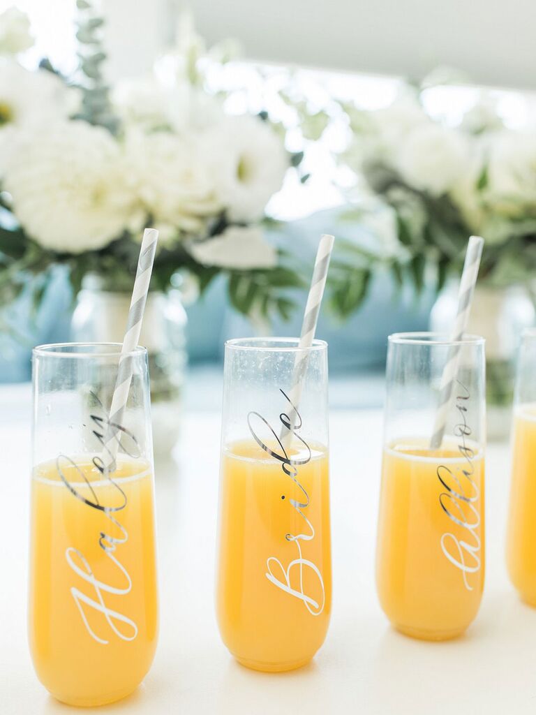 Mimosas in custom glasses at bridal shower